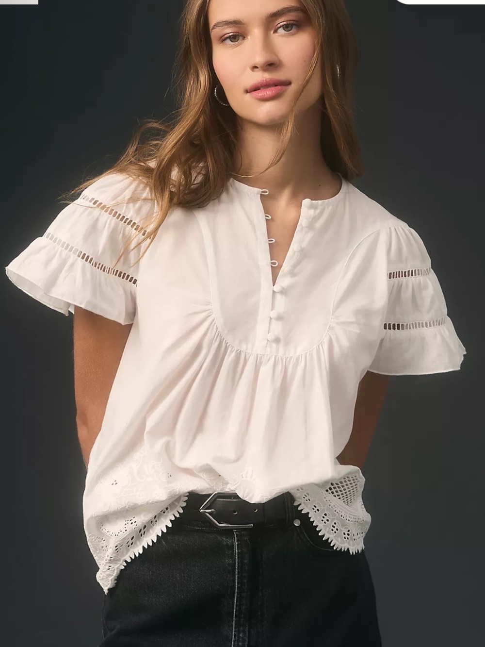 Anthropologie Love The Label 100% Cotton Flutter-Sleeve Peasant Blouse Small